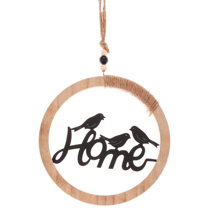 Kruh závesný - vtáčiky a nápis "HOME", dekorácia z kovu a dreva