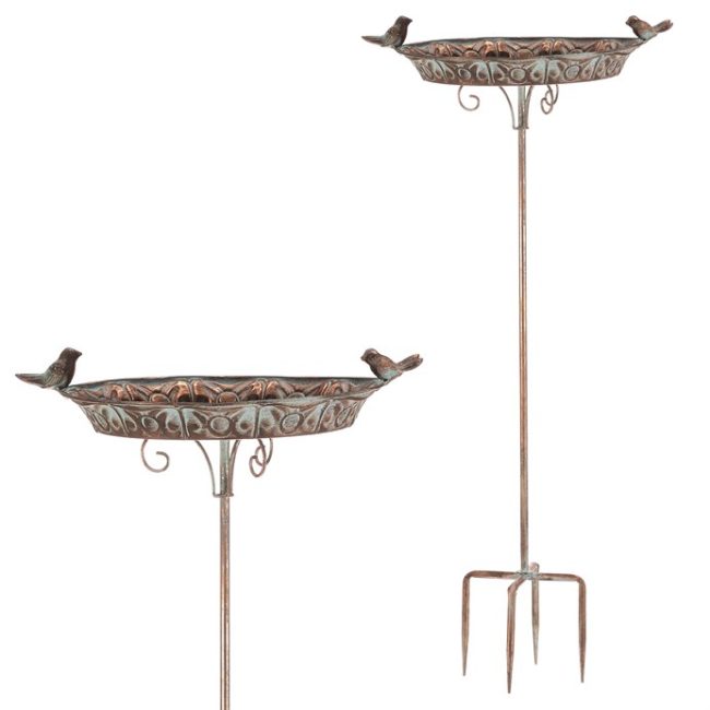 Krmítko/napájadlo - kovový zápich, 88 cm, s vtáčikmi, farba medená
