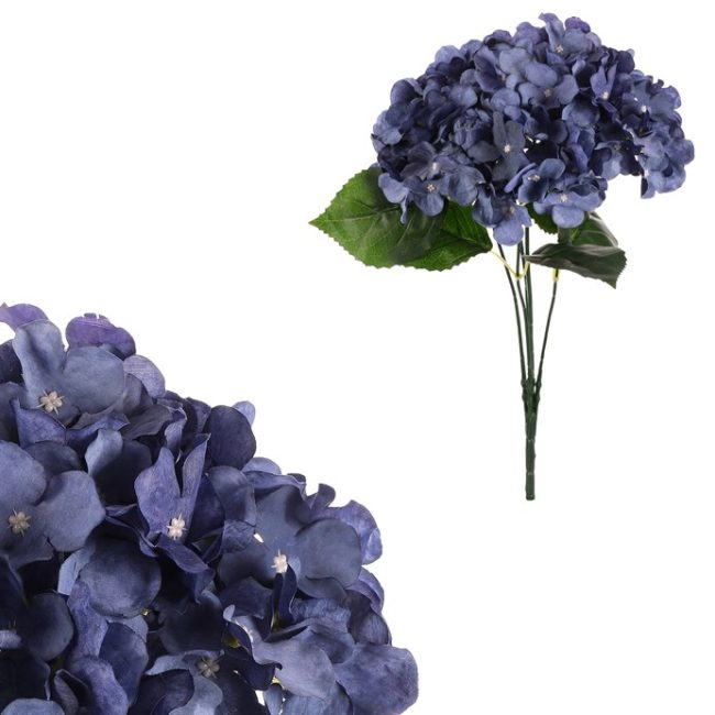Hortenzia - umelá kytica, 5 kvetov, tmavo modrá farba