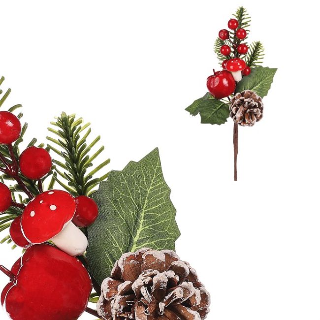 Vetva umelá - ihličie, šiška, červené bobule, jablko a huba