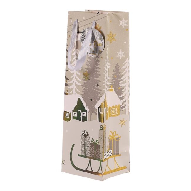Taška papierová na víno - zimná krajina so sánkami