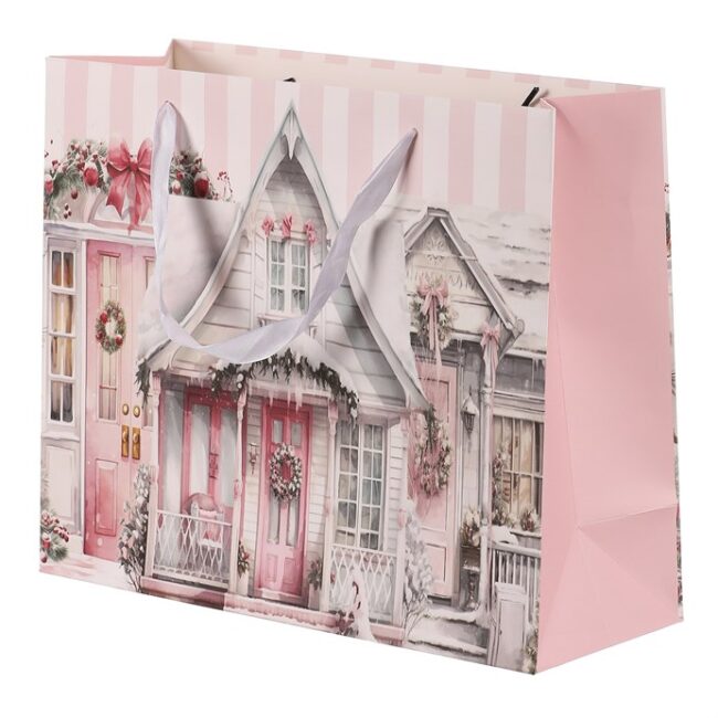 Taška papierová - vianočne vyzdobený domček, ružová, veľ. M