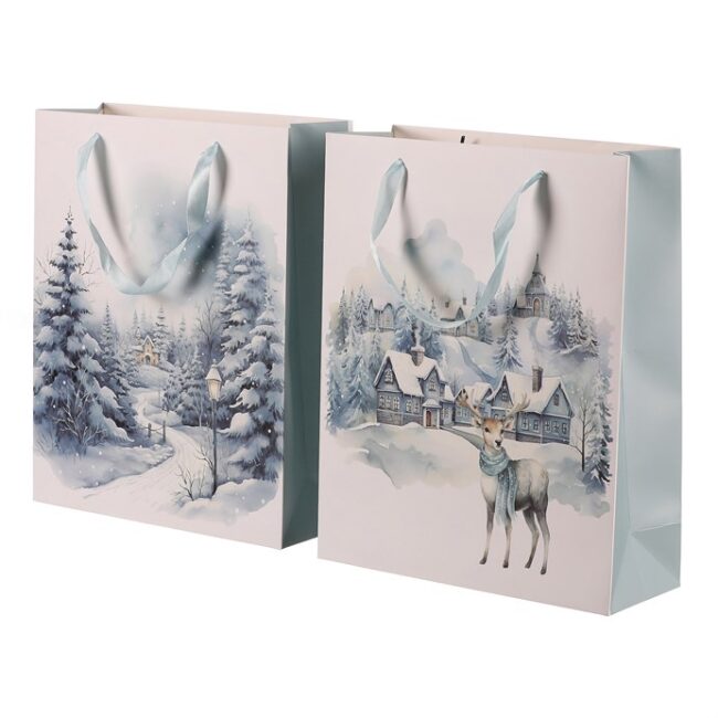 Taška papierová - zimná krajina, mix 2 druhov, veľ. S, cena za 1 ks