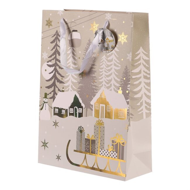 Taška papierová - zimná krajina so sánkami, veľ. M