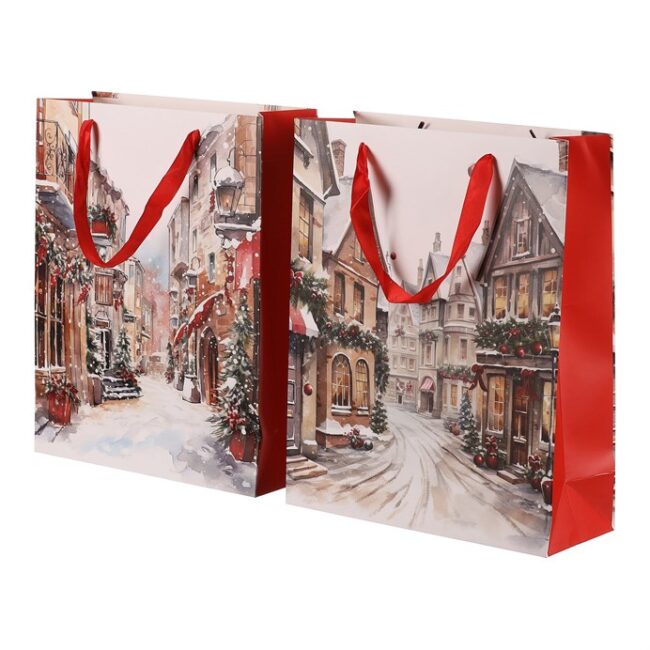Taška papierová - Vianoce v meste, mix 2 druhov, veľ. M, cena za 1 ks