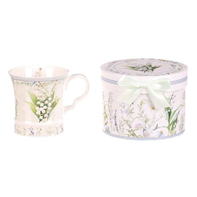 Hrnček maľovaný - porcelán, darčeková dóza, motív s konvalinkami