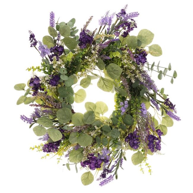 Veniec umelý - pr. 55 cm, zeleň a fialové kvety
