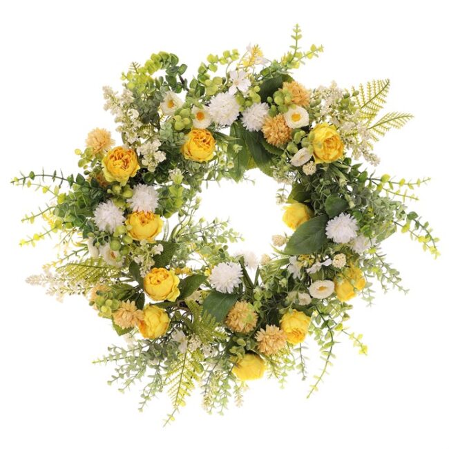 Veniec umelý - pr. 50 cm, zeleň a bielo-žlté kvety